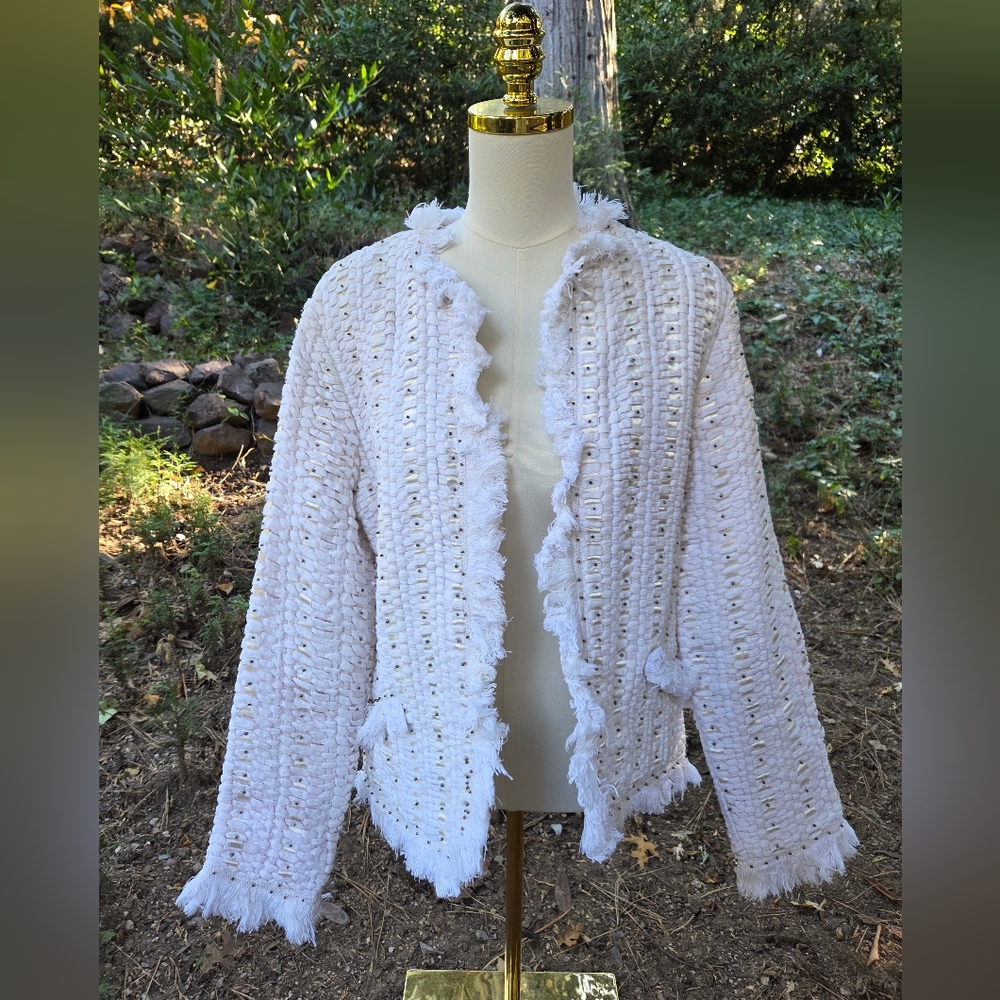 Anthropologie Indikka 90% Cotton‎ Elegant White Fringed Women's Sweater Large